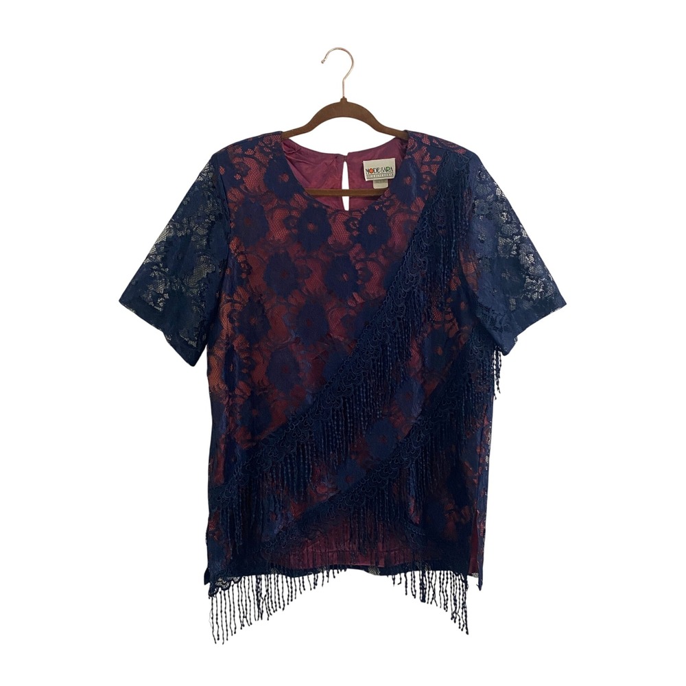 Vintage Mode Sara Lace‎ Fringe Top XL Blue Burgundy 80s Whimsigoth Coquette Boho